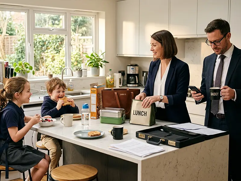 Professional business parents at breakfast with their children