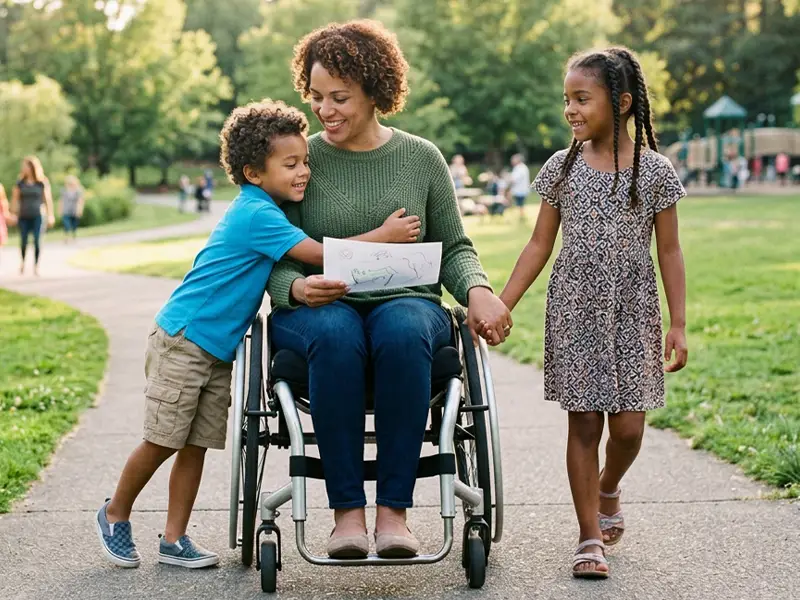 Mum in a wheelchair with her two young children