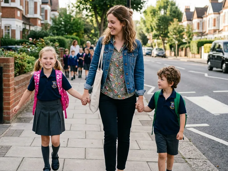 Nanny taking children to school at the start of a new school term