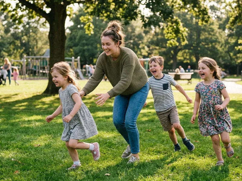 Nanny playing in the park with three children